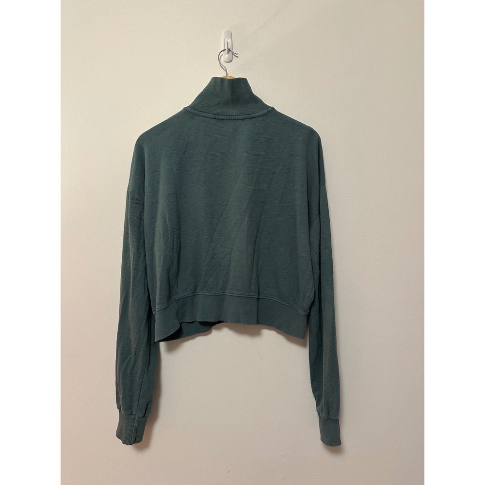 Mono B Quarter Zip Cropped Pullover Sweatshirt in Teal Cotton | Size Medium - Picture 3 of 7
